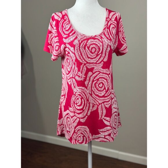 NEW LuLaRoe Womens Knit Tunic Top S Short Sleeve White Pink Floral Scoop Neck - Picture 1 of 7